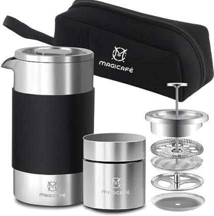 MAGICAFÉ French Press Coffee Maker Set, Portable French Press with Mini Coffee Canister and Collection Bag, Single Serve 1 Cup Small Stainless Steel Double Walled Coffee Press 350ml/12oz