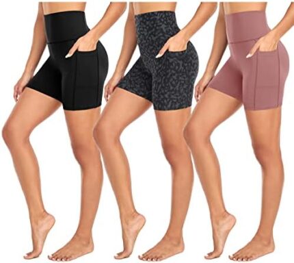 MOREFEEL 3 Pack High Waisted Biker Shorts for Women with Pockets – 5" Buttery Soft Workout Yoga Athletic Shorts