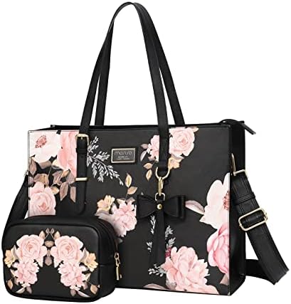MOSISO Laptop Tote Bag Compatible with MacBook Air 15 inch M2 A2941 2023/Pro 16 2023-2019, 15-15.6 inch Notebook, Peony PU Leather Travel Work Briefcase with Detachable Bowknot & Small Purse, Black