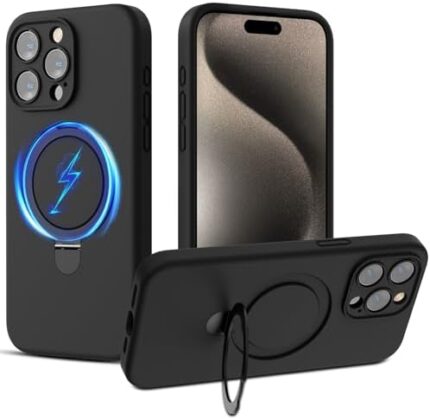 MYBAT PRO SleekFit Series iPhone 15 Pro Max Case with Stand[Compatible with MagSafe] Magnetic Soft Liquid Silicone Phone Case,Microfiber Lining Shockproof Drop Protection,Black