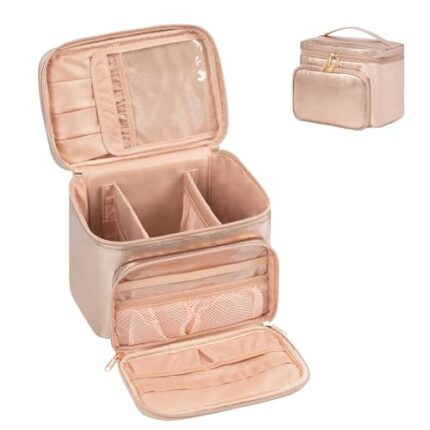 Makeup Bag Organizer,Travel Makeup Bags for Women,Cosmetic Case Organizer Fits Bottles Vertically, Toiletry Bag with Adjustable Dividers and Lipstick Organizer Holder - Rose Gold