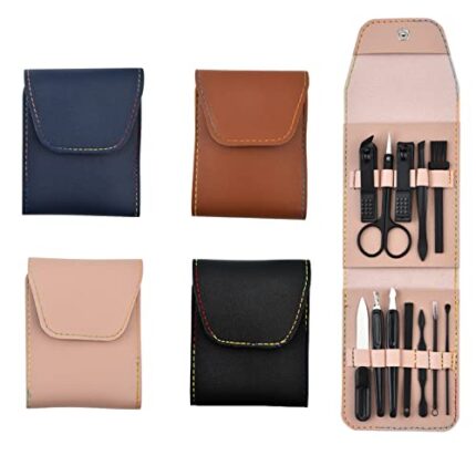 Manicure Pedicure Set Professional Kit,Travel Nail Clippers,Pink Manicure Set,Black Nail Clippers For Men,12Pcs Nail Care Tool Grooming Kit With Travel Leather Case(4Pack,Black,Blue,Pink,Brown)