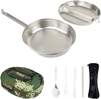 Mastiff Gears® 304 (18/8) Stainless Steel (FDA Compliant) USGI Type Mess Kit, Revived Plate Set, Army Mess Kit with Utensils & Pouch for Outdoor Camping Hiking Picnic BBQ Beach