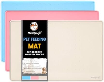 MateeyLife Dog & Cat Food Mat for Floors Waterproof, Nonslip Dog Bowl Mats for Food and Water, Dog Feeding Mats with Raised Edges, Silicone Cat & Dog Water Matt Tray for Messy Drinkers, 18"x12", Beige
