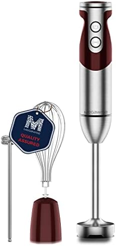 MegaWise Pro Titanium Reinforced 3-in-1 Immersion Hand Blender, Powerful MOTOR with 80% Sharper Blades, 12-Speed Corded Blender, IncludingWhisk and Milk Frother (3-in 1 Red)