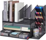 Mesh Desk Organizers and Accessories with Sliding Drawer ,Double Tray,4 Pen Holder Racks,5 Vertical File Holders,Desktop Organizer,Desk File Organizer and Storage for Office and School Supplies