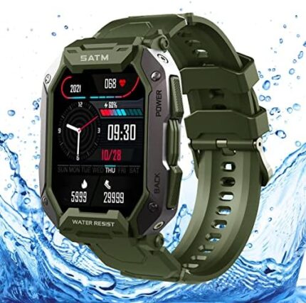 Military Smart Watch for Men, 2022 1.69 inch 5ATM Waterproof Smartwatch for iPhone and Android Phones Fitness Tracker with Heart Rate Blood Oxygen Sleep Monitor Pedometer Activity Tracker (Green)
