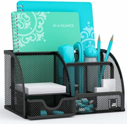 Mindspace Desk Organizer for Office Desk Organizers and Accessories with 6 Compartments + Drawer | The Mesh Collection, Black