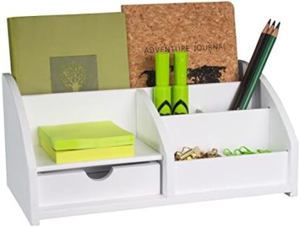 MissionMax White Medium Bamboo Caddy Desk Organizer and Storage with Drawer and Compartments for all your Office and Home needs