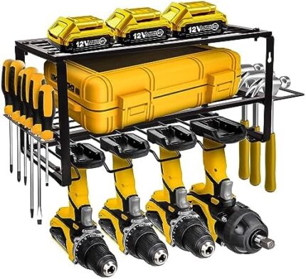 MoDinzo Power Tool Organizer, Alloy Steel Tool Holder for Garage Organization, 3 Layer Floating Shelf 4 Drill Holder, Black Storage Rack for Tool Organizing with Screws, Anchors, Spanners.