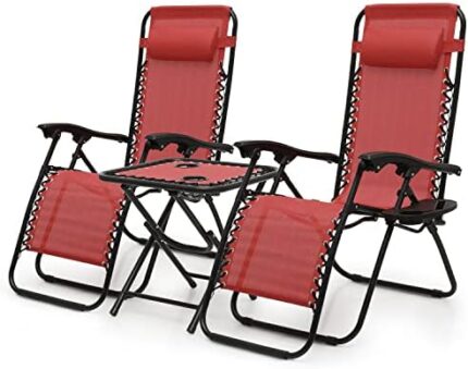 MoNiBloom 3PCS Leisure Chairs Table Set Outdoor Furniture Zero Gravity Chairs Recliner Adjustable Folding Lounger for Pool Patio Camping Yard Beach Vacation, 330lbs Capacity, Maroon