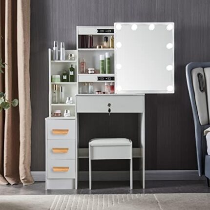 Modern Vanity Desk with Chair and Sliding Mirror, 3 Lighting Modes Adjustable Brightness Dressing Table with Storage Shelves and Drawers for Women Girls