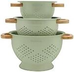 Molomax Metal Colander with Wood Handle | Set of 3 with Bamboo Handles | 1.5Q, 3Q, 5Q (Sage Leaf Green)