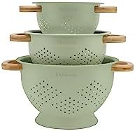 Molomax Metal Colander with Wood Handle | Set of 3 with Bamboo Handles | 1.5Q, 3Q, 5Q (Sage Leaf Green)