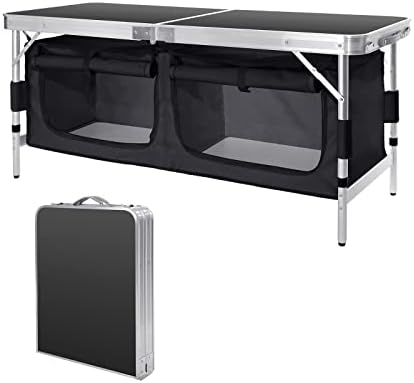 Moosinily 4 Feet Folding Table Aluminum Portable Camping Table Adjustable Picnic Table with Oxford Storage Organizers for Outdoor Travel Beach Backyards BBQ Party Picnic Black