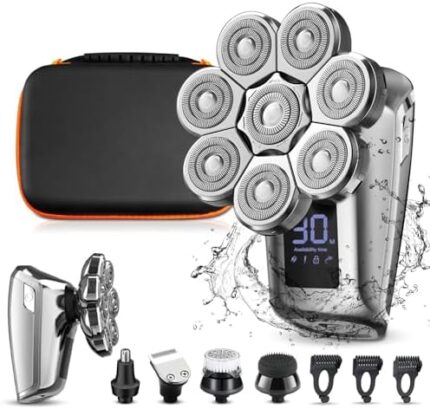 Mr.Wintek 9D Head Shaver for Bald Men, Upgrade 5-in-1 Electric Shavers for Men IPX6 Waterproof Rotary Shaver, Men's Grooming Kit, Cordless Rechargeable Bald Head Razor with Travel Case (Silver）
