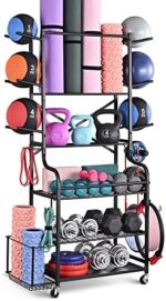 Mythinglogic Yoga Mat Storage Racks,Home Gym Storage Rack for Dumbbells Kettlebells Foam Roller, Yoga Strap and Resistance Bands, Workout Equipment Storage Organizer With Hooks and Wheels