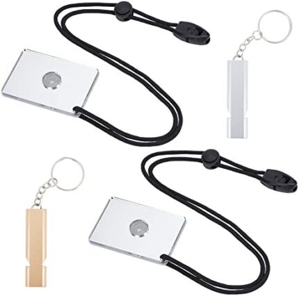 NBEADS 4 Pcs Small Survival Signal Mirror with Mini Double Frequency Whistles, Outdoor Adventure Emergency Signaling Mirror Outdoor Survival Tool for Hiking, Backpacking and Emergency Situations