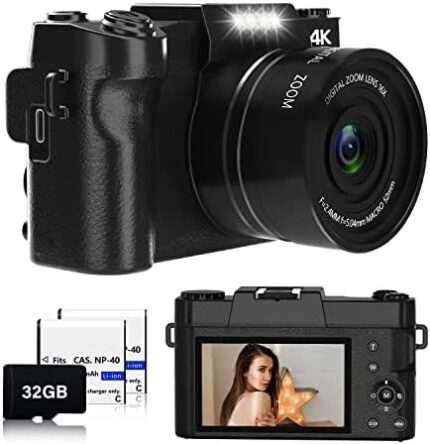 NIKICAM Digital Camera for Photography 4K 56MP Vlogging Camera for YouTube with 16X Digital Zoom, 2 Rechargeable Batteries, 32GB TF Card(W03-Black4)