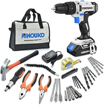 NINOUKO Cordless Power Drill, 20V Electric Impact Drill Driver Set with Battery and Fast Charger, 2 Variable Speed, 23+1+1 Torque Setting, MAX 300 In-lbs, LED and 42pcs Drill Bits Set