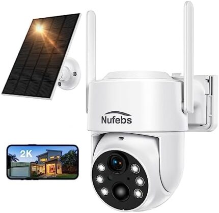 NUFEBS Security Camera 2K/4MP Wireless Outdoor with Solar Panel 355°PTZ 2.4G WiFi Waterproof Surveillance Motion Dection Spotlight/Siren, Color Night Vision，2 Way Audio，SD Card Slot/Clound