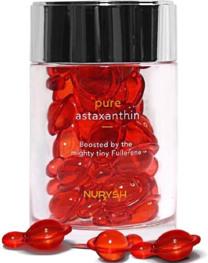 NURYSH Pure Astaxanthin with Fullerene Serum Capsules for Face - Anti Aging Facial Antioxidant, Brightening with Vitamin E - Skin Care to Reduce Fine Lines, Wrinkles, Dark Spots - 30 Capsules