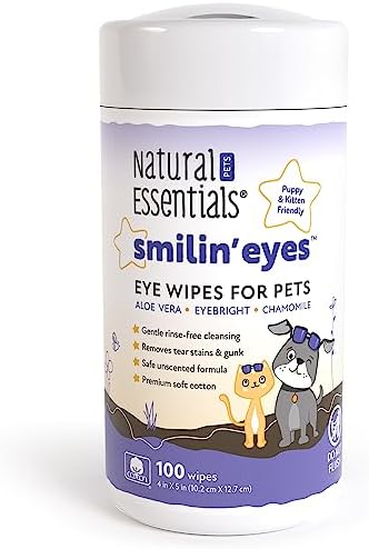 Natural Essentials Pet Eye Wipes for Dogs Cats Puppies & Kittens 100 Soft Plant Based Dog Eye Wipes and Cat Eye Wipes to Safely Clean Pet Eyes, Removes Crust, Dirt & Discharge, 100 Count (Pack of 1)
