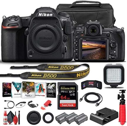 Nikon D500 DSLR Camera (Body Only) (1559) + 64GB Memory Card + Case + Corel Photo Software + 2 x EN-EL 15 Battery + Card Reader + LED Light + HDMI Cable + Cleaning Set + Flex Tripod + More (Renewed)