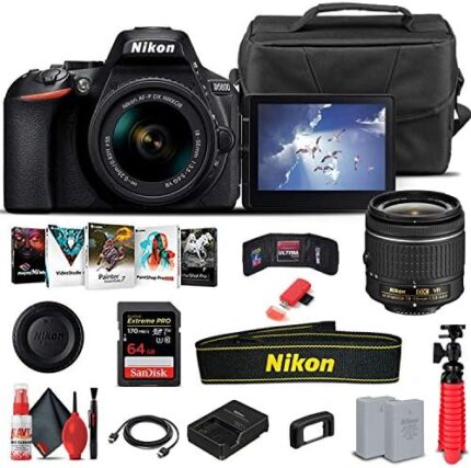 Nikon D5600 DSLR Camera with 18-55mm Lens (1576) + 64GB Card + Case + Corel Photo Software + EN-EL14A Battery + HDMI Cable + Cleaning Set + Flex Tripod + Memory Wallet (International Model) (Renewed)