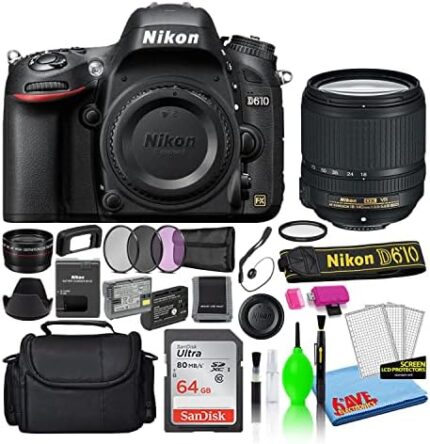 Nikon D610 24.3MP DSLR FX-Format Digital Camera with 18-140mm VR Lens (1540) Deluxe Bundle with 64GB SD Card + Large Camera Bag + Filter Kit + Spare EN-EL15 Battery + Telephoto Lens (Renewed)