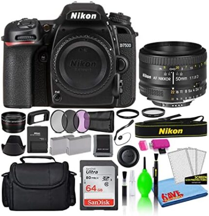 Nikon D7500 20.9MP DSLR Digital Camera with AF 50mm f/1.8D Lens (1581) Deluxe Bundle with 64GB SD Card + Large Camera Bag + Filter Kit + Spare Battery + Telephoto Lens (Renewed)