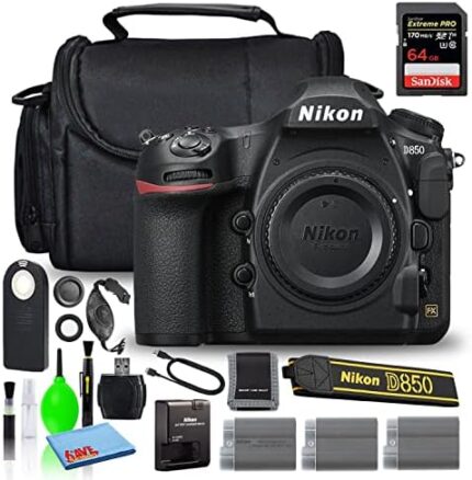 Nikon D850 45.7MP DSLR Digital Camera (Body Only) (1585) Deluxe Bundle with 64GB Extreme PRO SD Card + (2) Extra Compatible Batteries + Large Camera Bag + Wireless Remote (Renewed)
