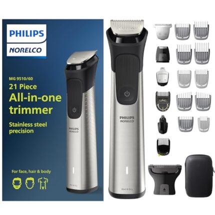 Norelco Multigroom Series 9000 - 21 piece Men's Grooming Kit for beard, body, face, nose, ear hair trimmer w/ premium storage case, MG9510/60