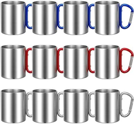Nuanchu 12 Pcs Insulated Stainless Steel Camping Cup 10 oz Portable Camping Coffee Mug with D Ring Handle Hiking Mug for Home Tea Hot Cold Drinks Outdoor Sports Travel Backpacking Kitchen, 3 Styles