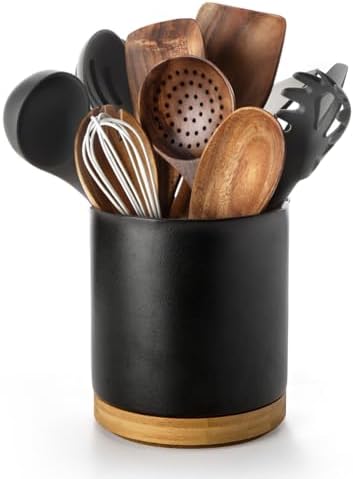 Nucookery 360°Rotating Utensil Holder, 7.2" Large Utensil Crock, White Ceramic Cooking Utensil Organizer with Countertop-Protection Cork Bottom for Farmhouse Kitchen Decor Christmas Gift (Stone Black)