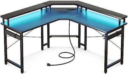 ODK L Shaped Gaming Desk with LED Lights & Power Outlets, 51" Computer Desk with Full Monitor Stand, Corner Desk with Cup Holder, Gaming Table with Hooks, Black Carbon Fiber