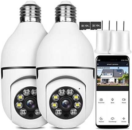 OFYOO Light Bulb Security Camera, Safecam 360 Security Cameras Wireless Outdoor Camera for Home Security, 2 Packs with 64GB Memory Cards, Motion Detection and Alarm Two-Way Audio