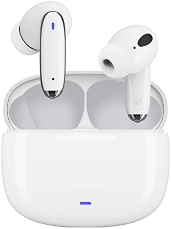 OMK Wireless Earbuds Waterproof Headset Noise Cancelling Earphones Long Battery Bluetooth Headphones with Wireless Charging Case for iPhone Android (White)