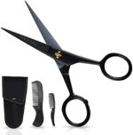 ONTAKI 5" Professional German Beard & Mustache Scissors With 2 Comb & Carrying Pouch for Men Hand Forged Bevel Edge For Precision - Perfect Facial Hair Grooming Kit All Body Hair (Black)