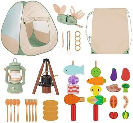OOOK Kids Camping Tent Set, Outdoor Toys for Toddlers 1-3, Pretend Play Camp Gear Tools for Birthday Christmas