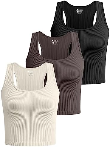OQQ Women's 3 Piece Crop Tank Tops Ribbed Seamless Workout Sleeveless Shirts Racerback Crop Tops