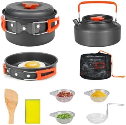 OSWIN Camping Cookware Set,Non-Stick/Lightweight/Durable Backpack Camping Pots and Pans Set with Cook Set,15pcs Camping Cookware Mess Kit,Includes Pot Pan Bowls Plates,for Camping, Picnic