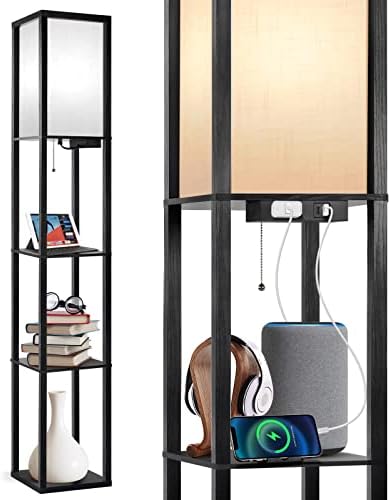 OUTON Floor Lamp with Shelves, LED Shelf Floor Lamp with 1 USB & 1 Type C Ports, 1 AC Outlet, 3 Color Temperature, Storage Display Wood Column Tall Standing Lamp for Living Room, Bedroom Office,Black