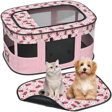 Ohcozzy Dog Cat Playpen, Foldable Pet Playpens, Waterproof Portable Kennel Tent for Small Animals Indoor Outdoor Use + Washable Pee pad(S,Pink)