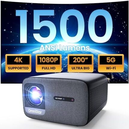 OmniStar L80 Projector with WiFi and Bluetooth, 1500 ANSI Lumen Native 1080P Video Projector 4K Support, Auto Focus/Keystone, 2x15W Speakers, 200" Display Compatible with iOS/Android/HDMI/USB/TV Stick
