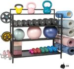 Omreid Home Gym Storage Rack,Yoga Mat Storage,Ball Storage,Dumbbell Rack,Weight Rack for Dumbbells, Kettlebells,Yoga Mat and Small Yoga Balls, All in One Workout Storage with Wheels and Hooks,Easy Assemble