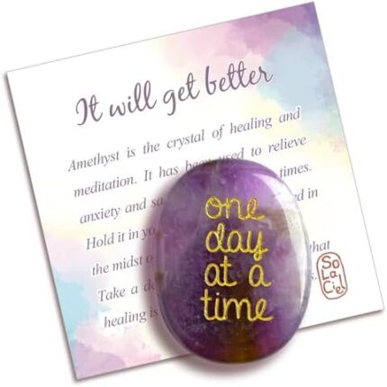 One Day at A Time Amethyst Healing Crystal, Mindfulness Positive Affirmation Stress Relief Meditation Tool Thinking of You Gifts for Women Men