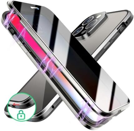 [One-piece Molded Camera Protector + Safety Lock]Magnetic Case for iPhone 15,[High Sensitivity Privacy Screen][Luxury Electroplated Metal Frame]Anti-Peep Double Sided Glass Case for iPhone 15