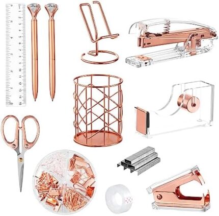 Oyydecor Rose Gold Desk Accessories, 12 Pcs Office Supplies Set Acrylic Stapler, Tape Dispenser Desk, Staple Remover, Pen Holder, 2 Ballpoint Pen, Scissors, Phone Holder Ect.