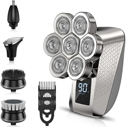 PEACEONE Head Shavers for Bald Men, IPX7 Waterproof Shaver, 7D Rechargeable Rotary Shaver, 5 in 1 Grooming Kit for Men, Wet/Dry Shaver Hair Trimmer with LED Display, USB Charging, Storage Bag